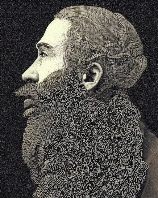 Image similar to a man's face in profile, long beard, made of flowers, in the style of the Dutch masters and Ansel Adams, dark and moody