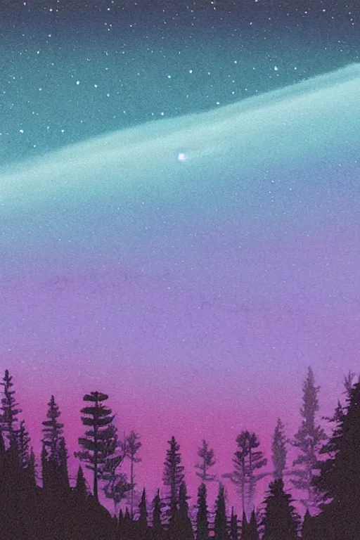 Prompt: matte painting layered night sky. Comet in centre of night sky. Stars and a swirly starry night moon. pink and purple ombre puffy cotton candy clouds. Dark hills forest silhouette below. Cyril Roland naomi okubo.