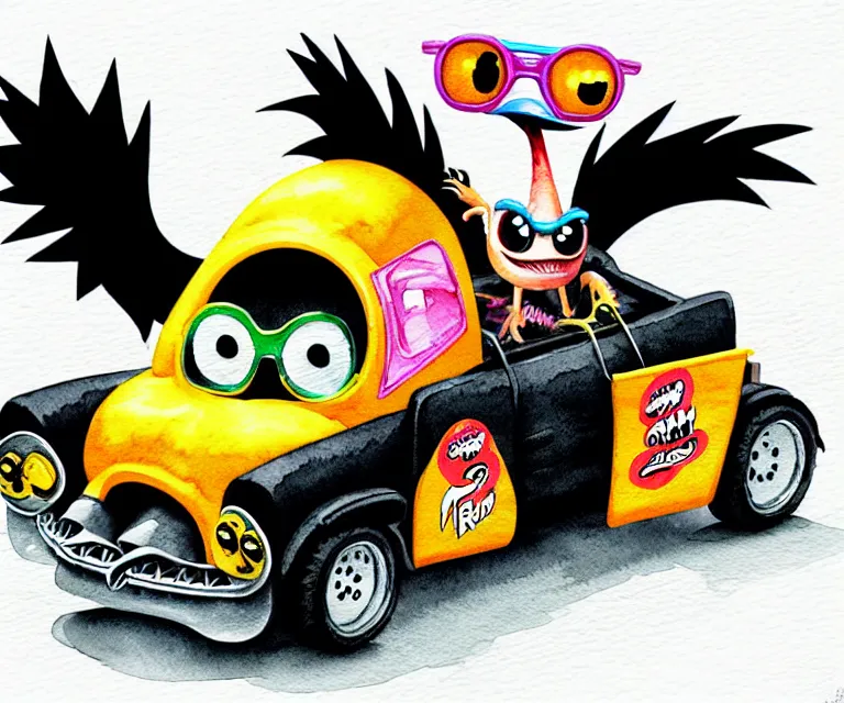 Image similar to cute and funny, black chicken wearing goggles driving a tiny hot rod with an oversized engine, ratfink style by ed roth, centered award winning watercolor pen illustration, isometric illustration by chihiro iwasaki, edited by craola, tiny details by artgerm and watercolor girl, symmetrically isometrically centered