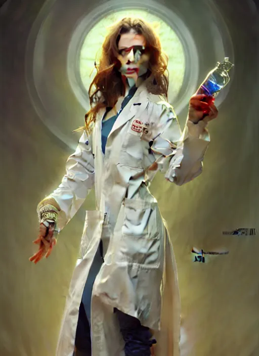 Prompt: glamorous naughty biochemist, lab coat, studio lighting, portrait by Magali Villeneuve and Steve Argyle,Livia Prima,Mucha,fantasy art,beautiful,artstation,alluring