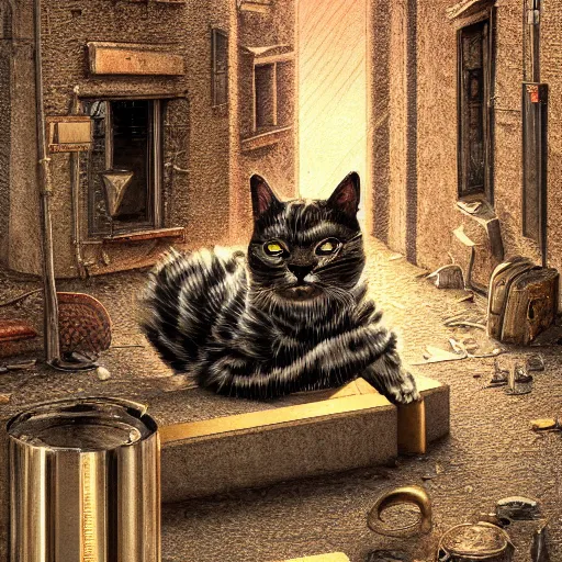 Prompt: gold and silver tones, cybernetic cat in a deserted town, style of moebius, james jean, rutkowski, cinematic, high detail, award winning, 8 k photorealistic