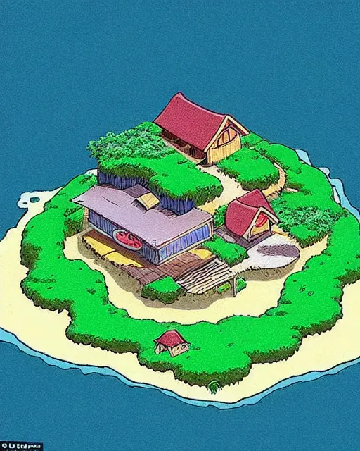 Prompt: kame house is a house on a very small island in the middle of the sea. it is the home of master roshi, and, for much of the dragon ball series, award winning animation by studio ghibli