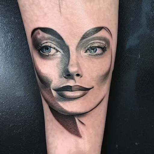 Image similar to realism tattoo design of margot robbie and beautiful mountains mash up, in the style of arlo dicristina, amazing detail, face morph