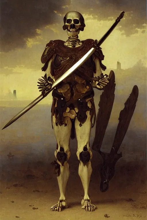 Prompt: portrait of a skeleton soldiers in the middle world, wearing helmets with wings, wearing european style armor, holding a sword in both hands, symmetrical, solemn, sacred, aura, by bouguereau