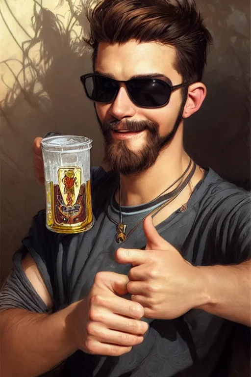 Image similar to a young man wearing raybands holding a beer giving a thumbs up with a long beard, real life skin, intricate, elegant, highly detailed, artstation, concept art, smooth, sharp focus, art by artgerm and greg rutkowski and alphonse mucha