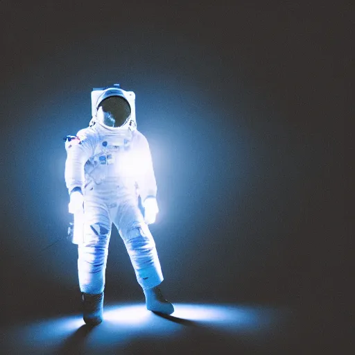 Image similar to astronaut silhouette with arms extended forward, bottom of arms lit by light coming from offcamera, light coming from below, dark background, lit from below, full body photo,, 8 k