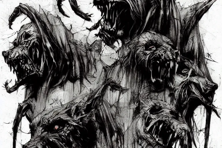 Prompt: mad creepy cerberus artwork by ben templesmith