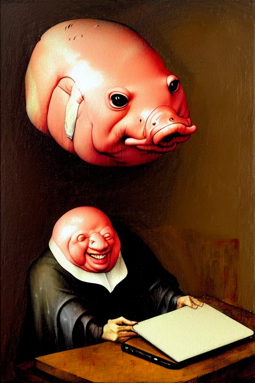 Image similar to hieronymus bosch, greg rutkowski, anna podedworna, painting of small extremely fat white blobfish with bright red hair smiling at a laptop