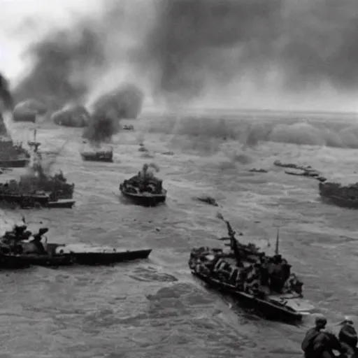 Prompt: modern camera footage of d - day invasion, violent, blood, realistic, high resolution