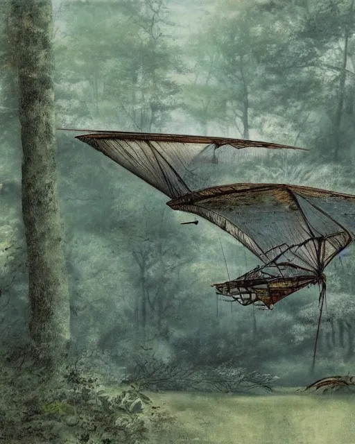 Image similar to ornithopter abandoned in a forest, illustration by hiro isono, art station