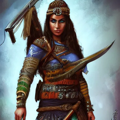 Image similar to kurdish warrior, highly detailed, digital painting, artstation, concept art, sharp focus, illustration, incredibly beautiful and strong