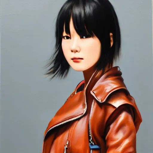 Image similar to perfect, realistic oil painting of close-up japanese young woman wearing leather jacket, in Neverwinter