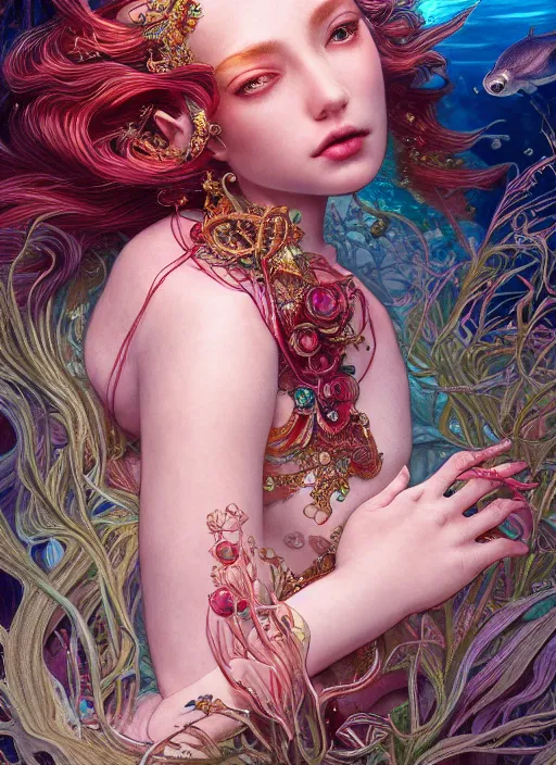 Image similar to an underwater photographic beauty portrait of an anthropomorphic ruby gemstone goddess, cinematic, volumetric lighting, fantasy, intricate, elegant, highly detailed, digital painting, artstation, concept art, smooth, sharp focus, illustration, art by ayami kojima, artgerm and h r giger and alphonse mucha