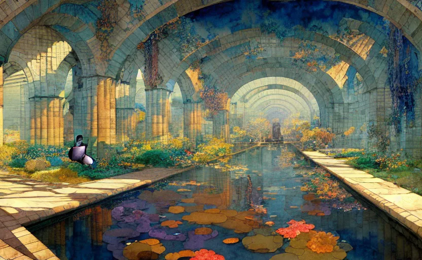 Image similar to tiled room squared waterway, aqueducts, fantasy. intricate, amazing composition, colorful watercolor, by ruan jia, by maxfield parrish, by marc simonetti, by hikari shimoda, by robert hubert, by zhang kechun, illustration, gloomy