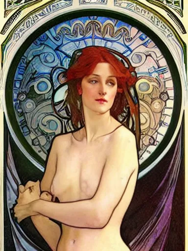 Prompt: a beautiful painting of young gillian anderson by Alphonse Mucha and by arthur rackham and by james jean and by Mark Brooks and by john william waterhouse, Art Nouveau, Neo-Gothic, gothic, award winning painting, hyperdetailed, detailed