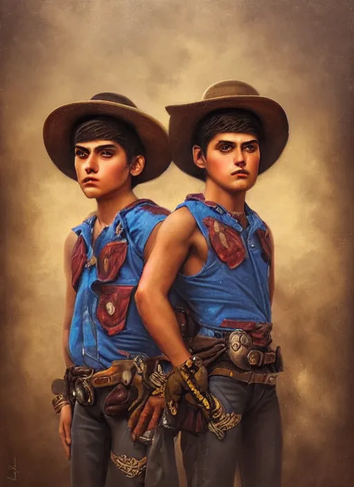 Image similar to portrait of macho young twin mexican buddies in guadalajara, by tom bagshaw and manuel sanjulian