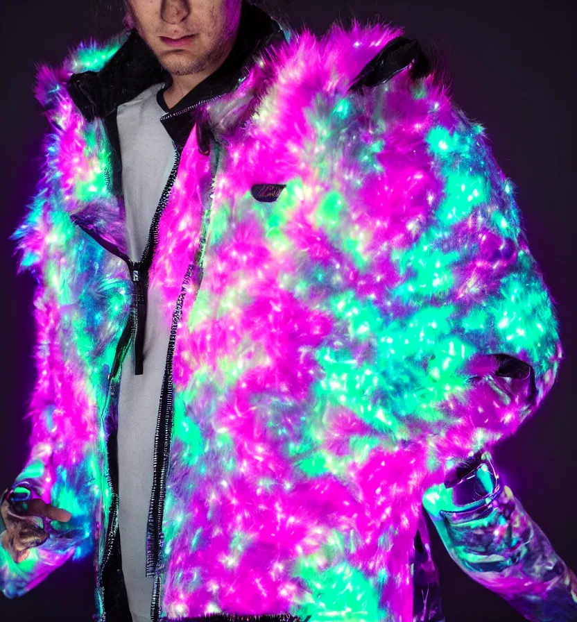 Image similar to autumn season rave jacket with led skin and fluffy lining in the style of cyberdog, futuristic psychedelic hippy, product shot, dark background, neon lighting