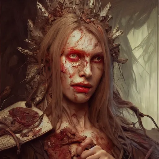 Image similar to portrait painting of a bloodied butcher, ultra realistic, concept art, intricate details, eerie, highly detailed, photorealistic, octane render, 8 k, unreal engine. art by artgerm and greg rutkowski and alphonse mucha