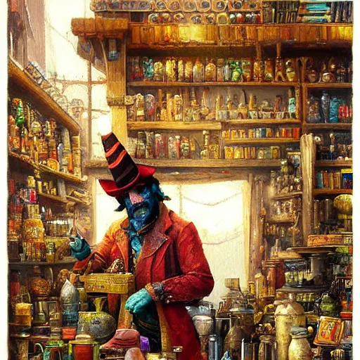 Image similar to Anthropomorphized parrot trader in his shop, art by Greg Rutkowski, shelves full, selling a gem, portrait, items, magic potions, weapons, arcana, carpet, window, fancy funny hat, sly expression , cunning expression, cute expression, presenting magic gem, D&D, fantasy, cinematic lighting, highly detailed, digital painting, artstation, concept art, smooth, sharp focus, illustration, warm light, cozy warm tint, magic the gathering artwork, volumetric lighting, 8k, no gold, no gold colours