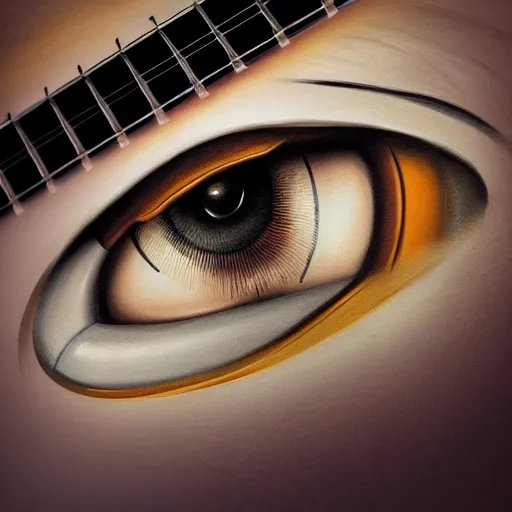 Prompt: eyes, electric guitar, extremely Highly detailed, Occult, funny, entertaining, magical, trending on artstationHQ, closeup, D&D, intricate, elegant, highly detailed, digital painting, artstation, concept art, matte, sharp focus, illustration, concept art