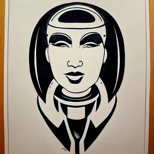 Prompt: black and white Beautiful art deco ink drawing of detailed 1970s sci-fi space pilot with detailed face. Vibrant volumetric natural light.