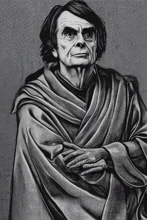 Prompt: A copper engraving of carl sagan wearing jedi robes, wise, dignified, HD, 4k, 8k, incredibly detailed, intricate, masterpiece,