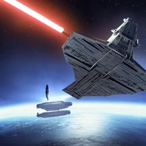 Image similar to a star destroyer being brought down by one powerful jedi, moons in the background