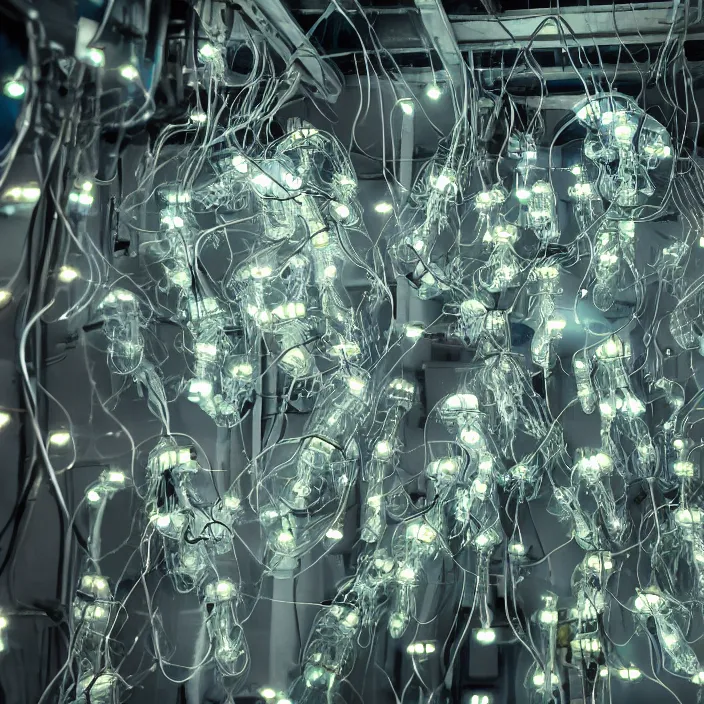 Prompt: a bunch of translucent cyborg man's heads which looks like jellyfish mixed with wires, neon lights, led diodes and radio parts scattered on the floor of the dark corner of the warehouse, high resolution, sci - fi, cyperpunk, bio - mechanical bio - luminescence, 8 k