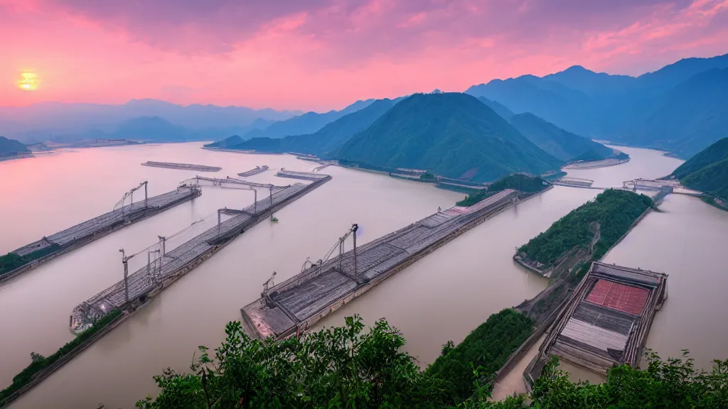 Prompt: A beautiful view of Three Gorges Dam in evening sunset time, magical sky