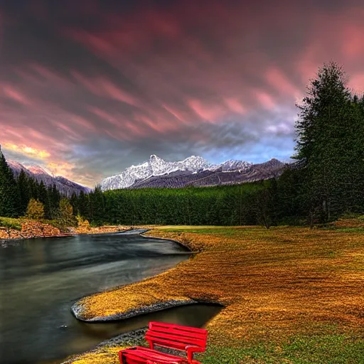 Prompt: A river flowing through an alpine Landscape, A red park bench illuminated, digital art