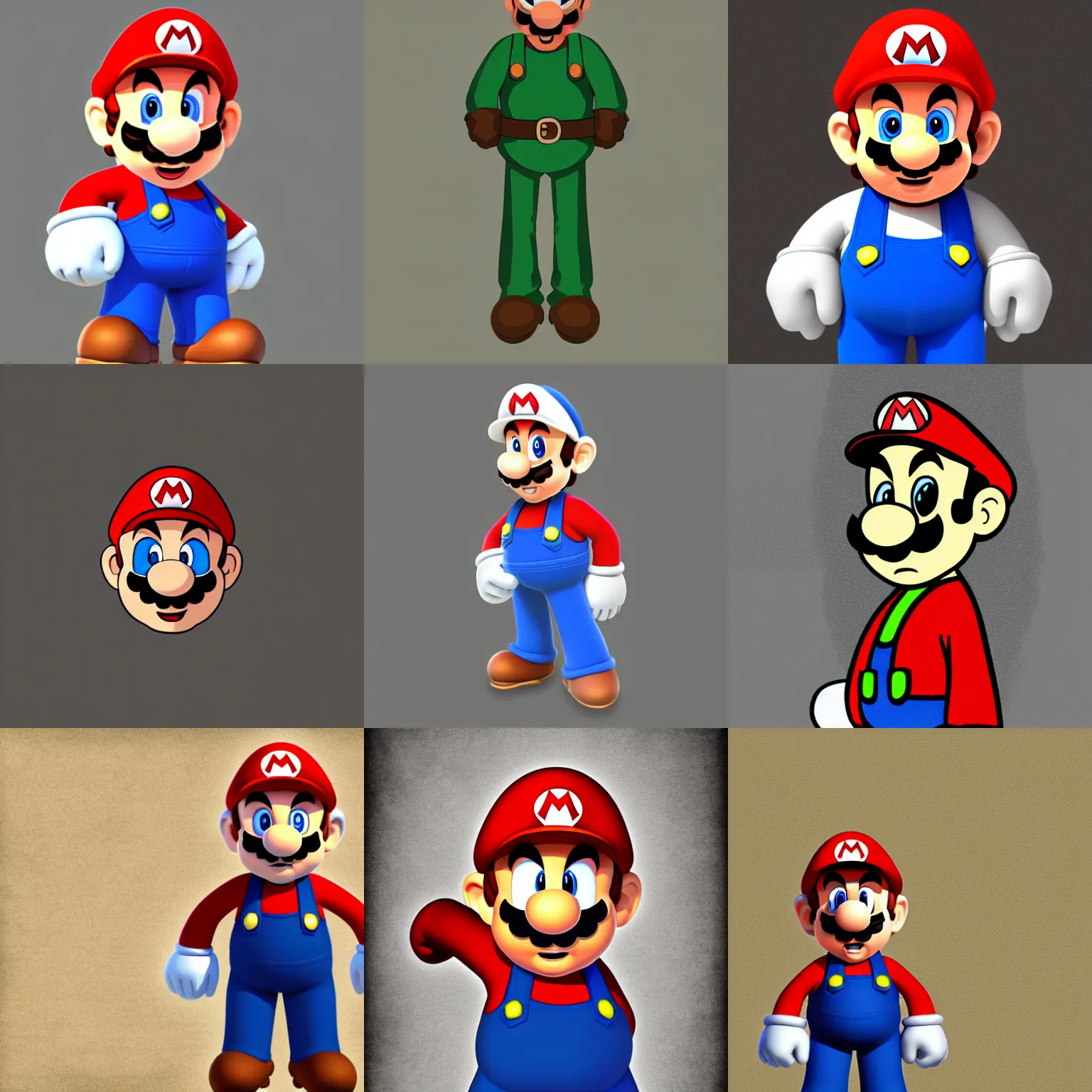 Prompt: simple digital art of super mario standing tall, neutral expression, limited color palette, muted color