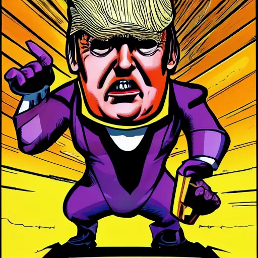 Image similar to donald trump's head as modok, the mental organism designed only for killing, little man in hovering throne, full body, psychic alien with huge head, marvel supervillain character