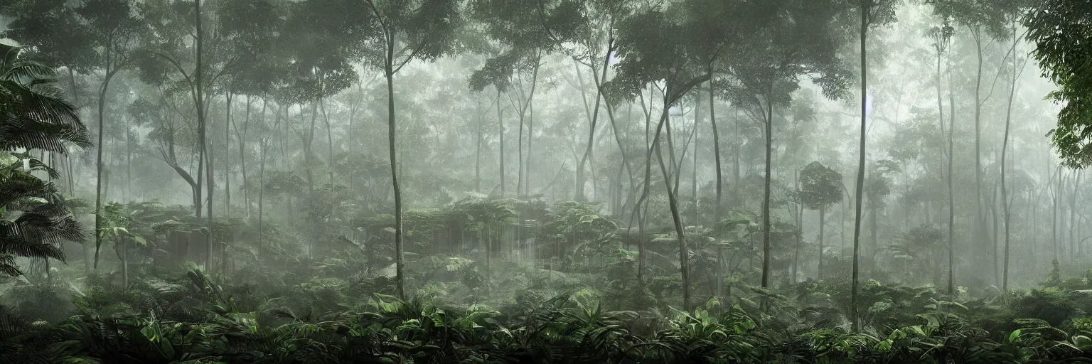 Image similar to modern architecture inspired by mies van der rohe deep in the rainforest. nature is taking over. matte painting in the style of craig mullins. mist. cinematic. octane render.