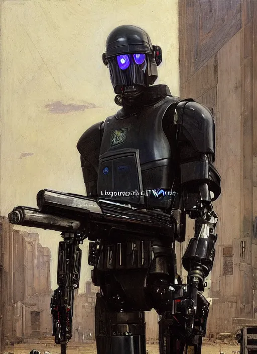 Image similar to Eliezer Nash. Menacing Cyberpunk police trooper wearing a combat vest and towering with robotic legs. (dystopian, police state, Cyberpunk 2077, bladerunner 2049). Iranian orientalist portrait by john william waterhouse and Edwin Longsden Long and Theodore Ralli and Nasreddine Dinet, oil on canvas. Cinematic, vivid colors, hyper realism, realistic proportions, dramatic lighting, high detail 4k