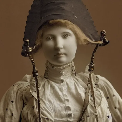 Prompt: close up portrait of a life size victorian female automaton standing in with a bicycle, 8 k, soft lighting, highly detailed realistic, face in focus 1 8 9 0's liminal
