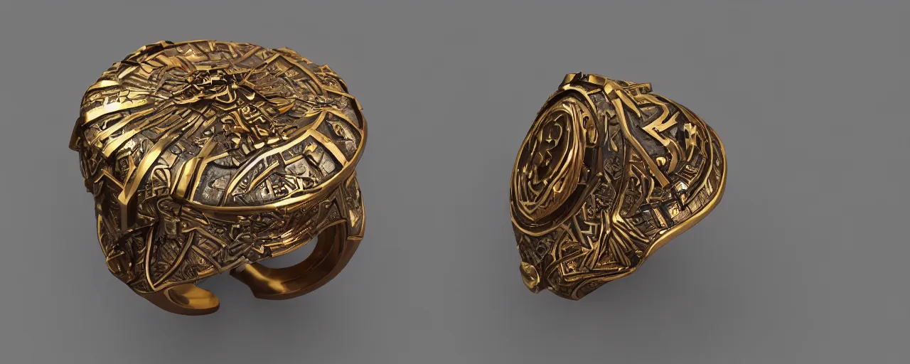 Image similar to simple ring with a shield ornament, ring, wood, gold, smooth shank, crystals, engravings, product design, jewelry, art by gerald brom, greg rutkowski and artgerm and james jean and zdzisław beksinski, 8 k, unreal engine, c 4 d
