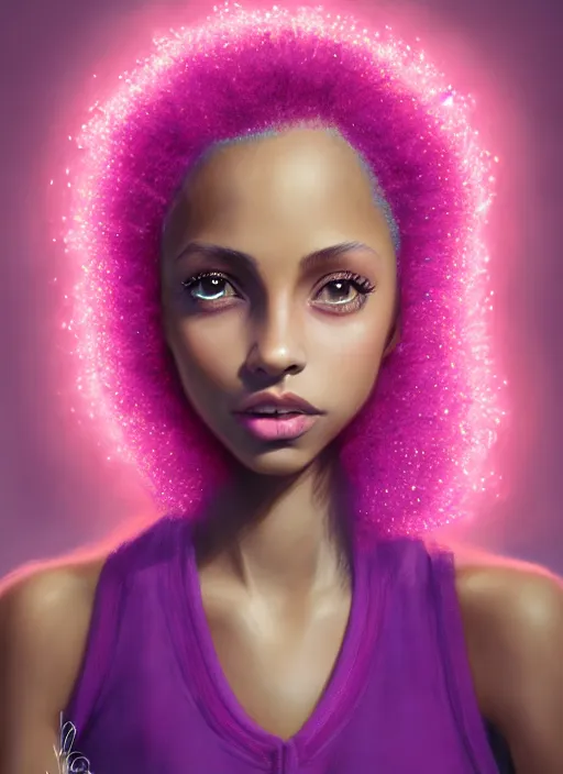 Image similar to portrait of teenage vanessa morgan with bright pink hair, black girl, curly pixie cut hair, wearing a purple breton cap, breton cap, hoop earrings, intricate, elegant, glowing lights, highly detailed, digital painting, artstation, concept art, smooth, sharp focus, illustration, art by wlop, mars ravelo and greg rutkowski