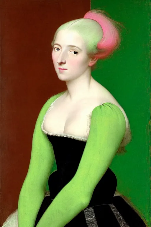 Prompt: portrait of a young pale woman with pink hair, wearing a neon green dress, intricate details, in the style of James Jean and Jean Auguste Dominique Ingres