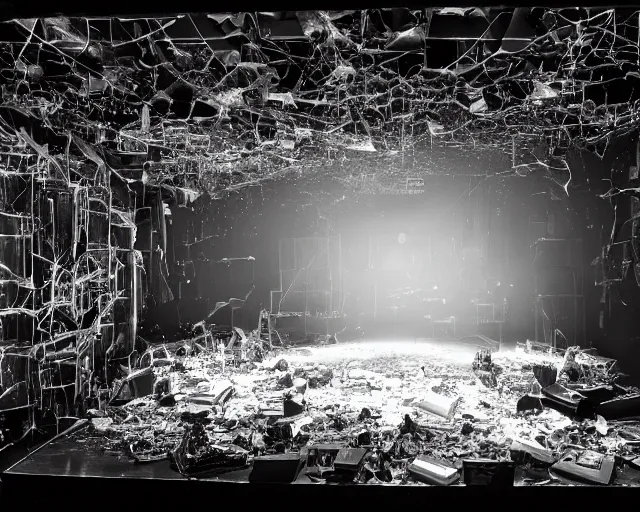 Prompt: diorama of a stage at a basement club, moody lights, broken computers and cables, glass shards, centered, composition by Hale Woodruff, 8k, concert documentary, b&w photography, cinematography by Chris Cunningham, set design by Antonin Gaudí