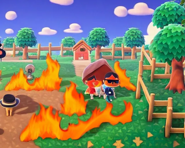Image similar to animal crossing village on fire, sylvain sarrailh