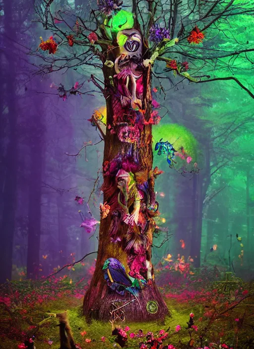 Image similar to a psychedelic surreal horror totem made of trees and multicolor flowers, magic creatures in the forest of chaotic spirit, fulcolor octane remder, cinematic, ultrarealistic