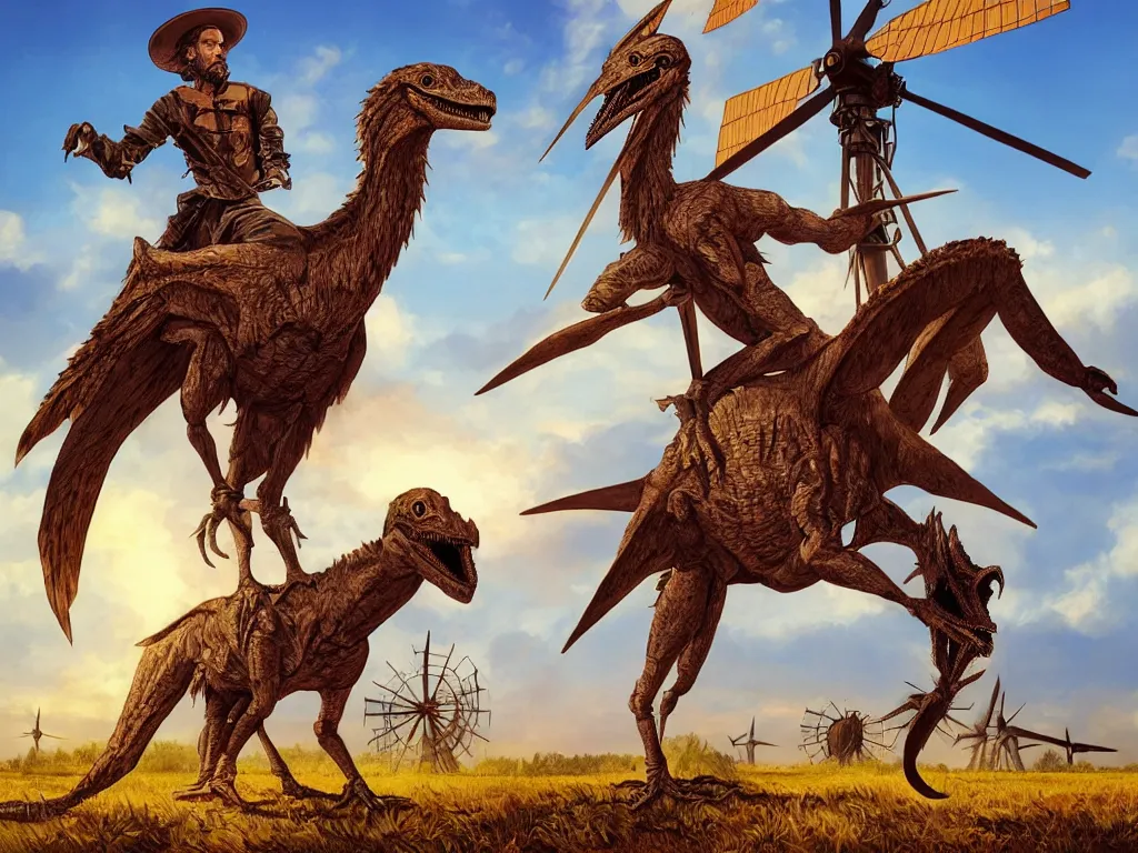 Image similar to portrait of don quixote sitting on a velociraptor in front of a windmill, summer, sun in the zenith, digital art, highly detailed, stunning scene, 4 k, realism, stunning scene, bright colors, trending on artstation, masterpiece