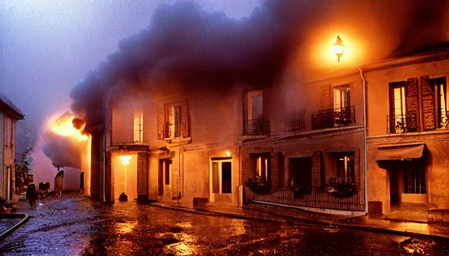 Image similar to 1 9 7 0 s movie still of a heavy burning french style townhouse in a small french village by night rain, cinestill 8 0 0 t 3 5 mm, heavy grain, high quality, high detail, dramatic light, anamorphic, flares