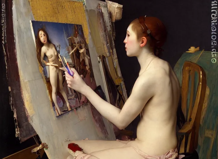 Image similar to a painter in his studio painting a picture of belle delphine by edgar maxence and caravaggio and michael whelan and delacroix style, artistic, intricate painting, cinematic lighting, hyper realistic, extremely detailed, establishing shot, 8 k resolution, dramatic lighting