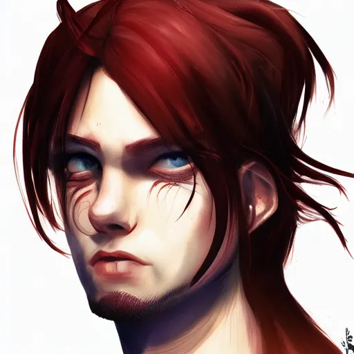 Prompt: portrait, 30 years old man :: burned face :: red hair ponytail :: high detail, digital art, RPG, concept art, illustration, Deviantart