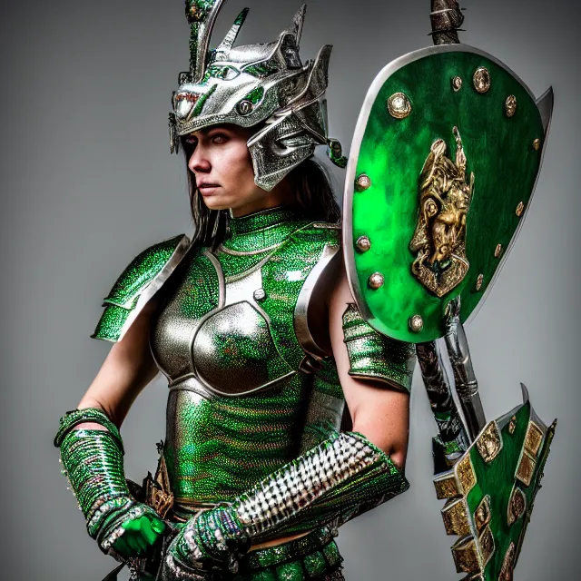 Prompt: full body photo of a beautiful cute strong warrior queen wearing emerald encrusted armour, highly detailed, 8 k, hdr, smooth, sharp focus, high resolution, award - winning photo