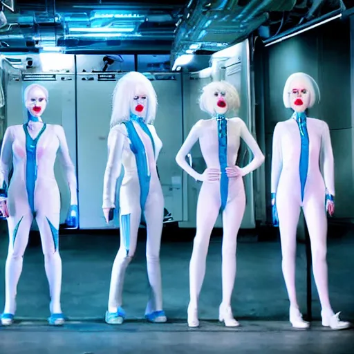 Image similar to troop of freak show women with white apache hairdos, white hair, tight light blue neopren suits, futuristic production facility, sci - fi, highly detailed, cinematic