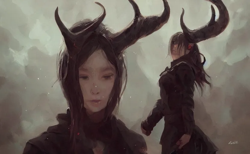 Prompt: a painting of aki trending on artstation in the style of greg rutkowski, beautiful, sensual, natural, demon horns