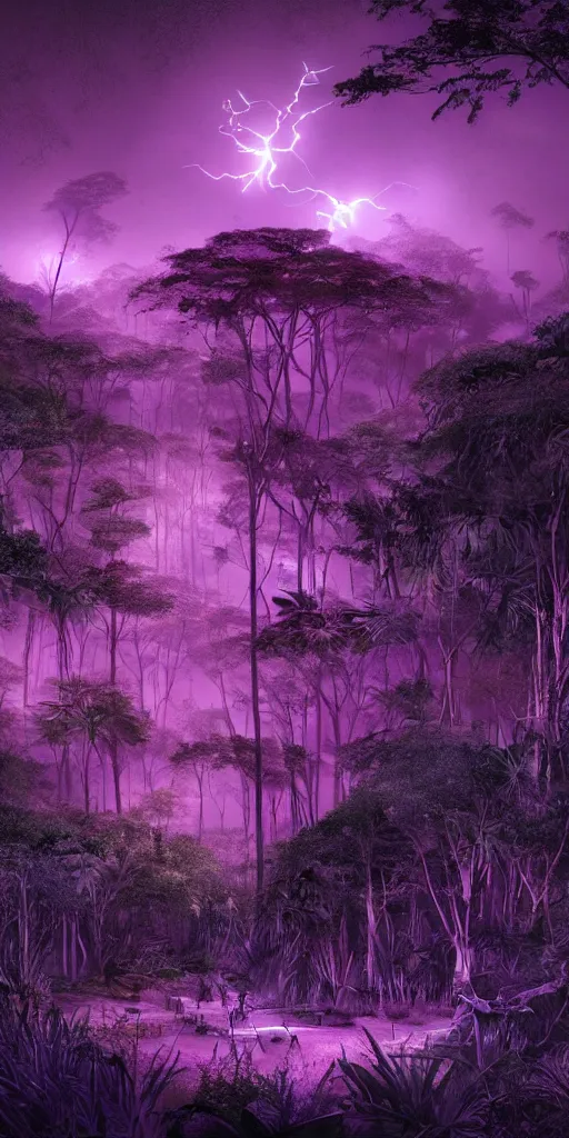 Prompt: Magic jungle at night during full moon, digital graffiti landscape, detailed, sci-fi fantasy, surreal, main colour - black, second colours - purple, fuchsia, dark mood, creepy lightning, deep shadows, HD, 4K, photorealistic, James Webb Telescope