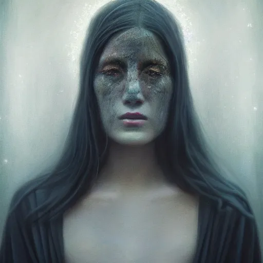 Prompt: gorgeous robed cult girl performing realism third eye ritual, dark theme night time, expanding electric energy waves into the ethereal realm, epic surrealism 8k oil painting, portrait, perspective, high definition, post modernist layering, by Sean Yoro-H 777